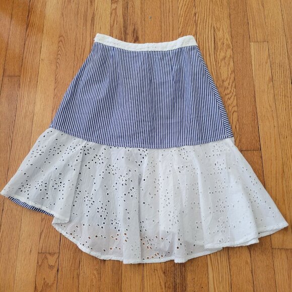 Zara Basic S Blue Striped Skirt Lace Trim GLEN‎ 549 Asymmetrical Hem - Picture 3 of 6